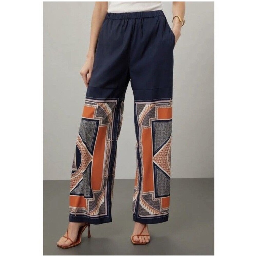 Rosetta Getty RTR Wide-Leg Printed Trousers Sz 0 Navy & Orange Pull On Oversized
